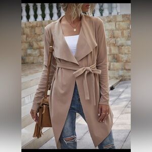 Suede Waterfall Collar Belted Coat